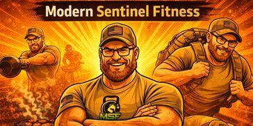 Illustration of a confident, muscular man promoting Modern Sentinel Fitness.