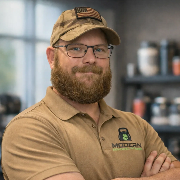 Bearded man in glasses and camo hat with fitness logo shirt.