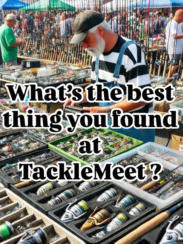 Man browsing fishing reels at a busy outdoor TackleMeet event.