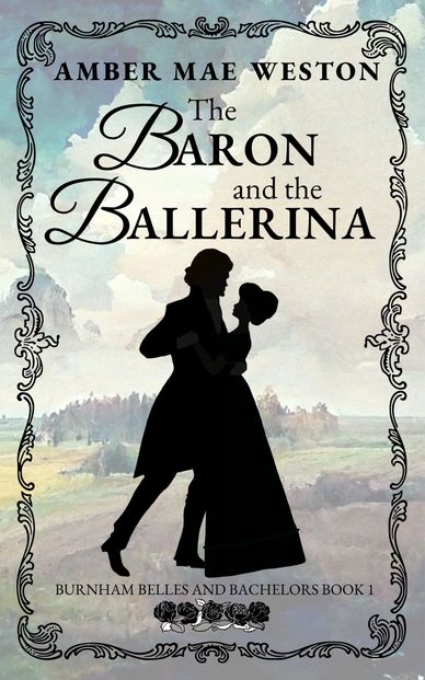 Romance book cover. Silhouetted dancing couple in front of English countryside.