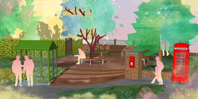 Artistic park scene with figures, trees, and classic British telephone booth.