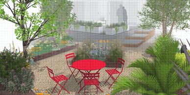 Cozy garden seating with red chairs and lush greenery around.