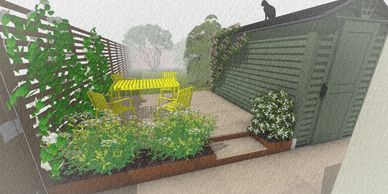 Cozy backyard with yellow patio furniture and lush greenery beside a green shed.