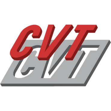 Logo with red letters CVT on a gray shadow.