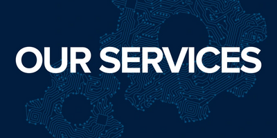 Tech-themed graphic with the text 'Our Services' overlaid on interconnected gears.