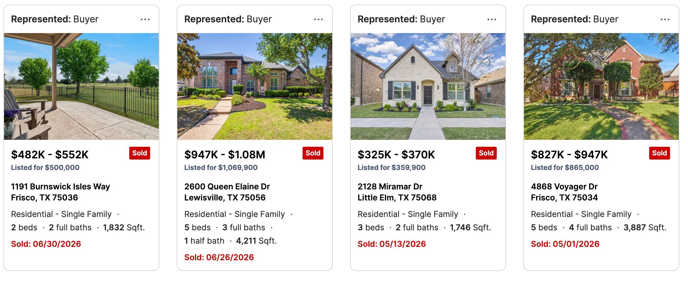 Four sold residential homes in Texas with varying prices and sizes.