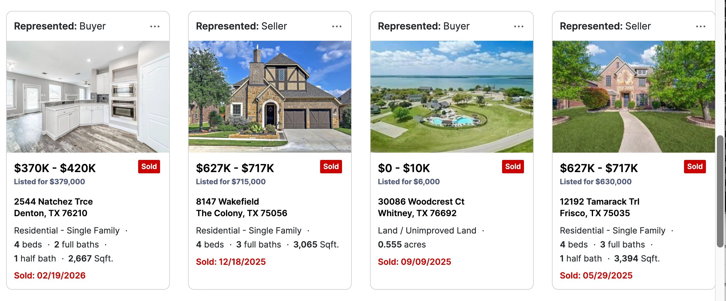 Four sold property listings including homes and land in Texas.