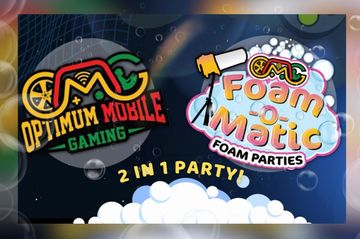 Flyer for Optimum Mobile Gaming's "2 in 1 Party" which combines their mobile video game truck.