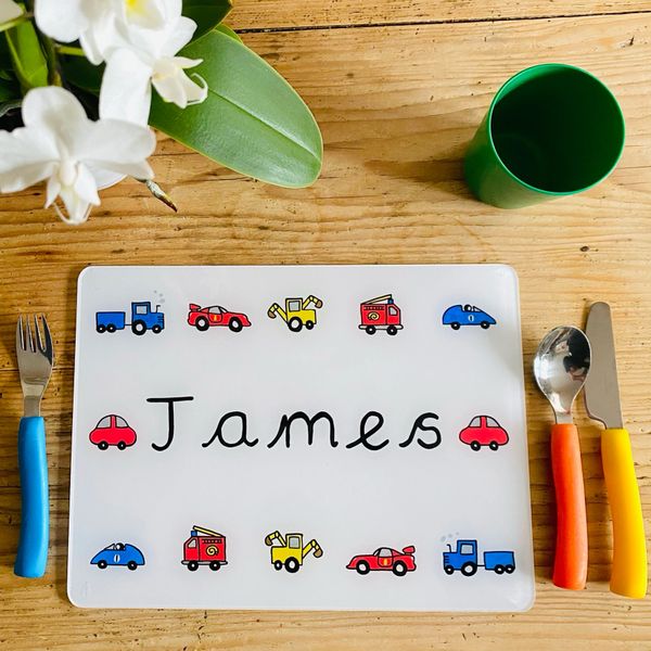 Hand painted tablemat / placemat with cars, fire engines, diggers, tractors
