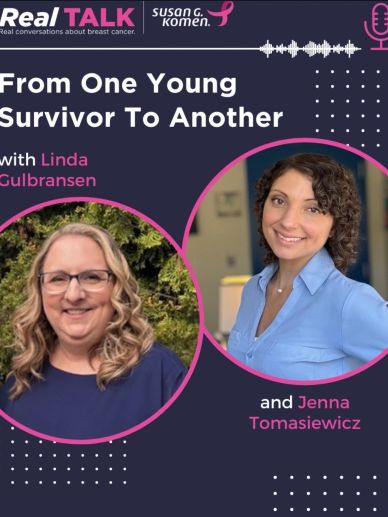 Podcast cover featuring two breast cancer survivors, Linda Gulbransen and Jenna Tomasiewicz.
