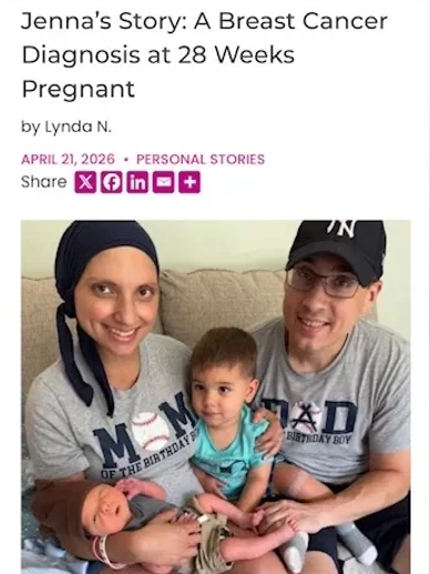 Family portrait with mom, dad, and two young children, highlighting a breast cancer journey.