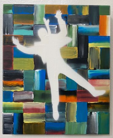 Acrylic painting with a silhouette figure.