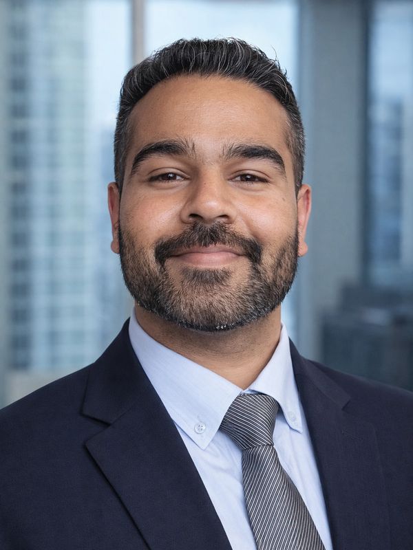 Smiling man in a suit with a cityscape background.