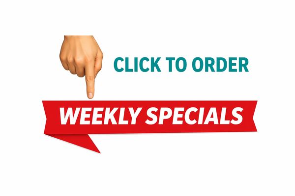 Hand pointing down to a red banner with 'Weekly Specials' and 'Click to Order' text.