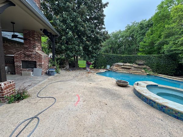 Backyard pool area with greenery and a brick house wall.