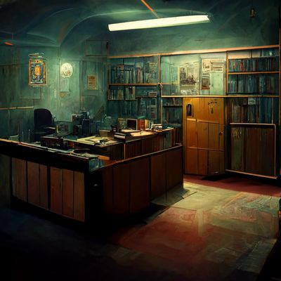 Dimly lit vintage office with wooden shelves and cluttered desk.