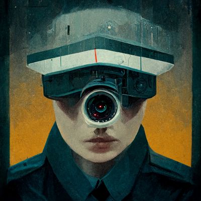 Person with a camera lens as an eye in a futuristic helmet.