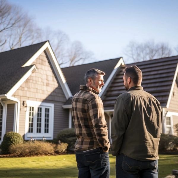 Two men chatting outside suburban houses on a sunny day.