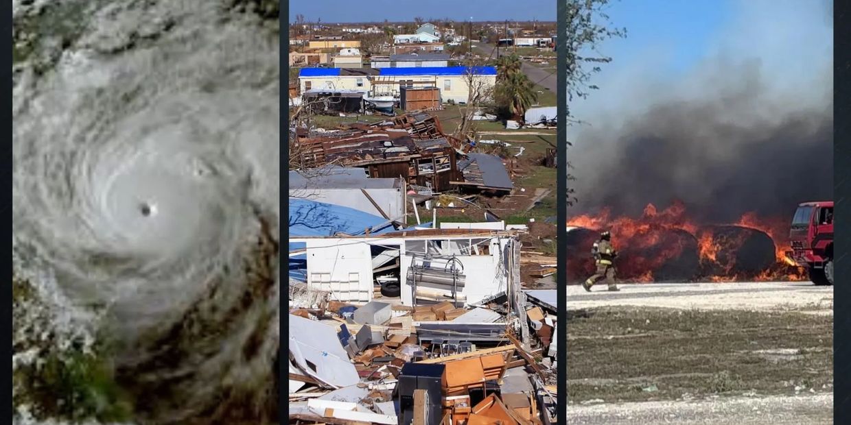 A collage of a hurricane, hurricane damage in a residential neighborhood, and an active fire in Greg