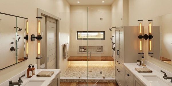 Modern bathroom with dual sinks and a glass shower.