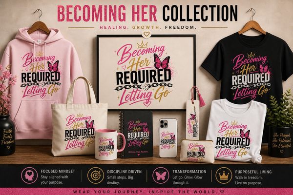 Clothing and accessories from the Becoming Her Collection with inspirational messages.