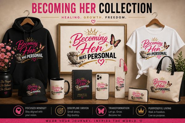 Display of 'Becoming Her' collection with apparel and accessories promoting healing and growth.