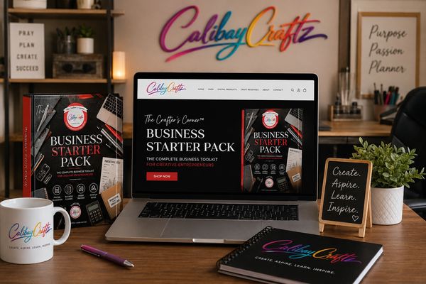 Workspace showcasing Calibay Craftz Business Starter Pack and branding materials.