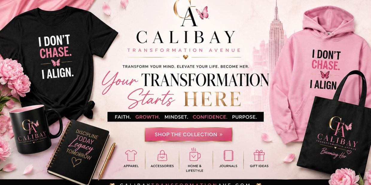 Motivational apparel and accessories from Calibay Transformation Avenue focusing on growth and confidence.