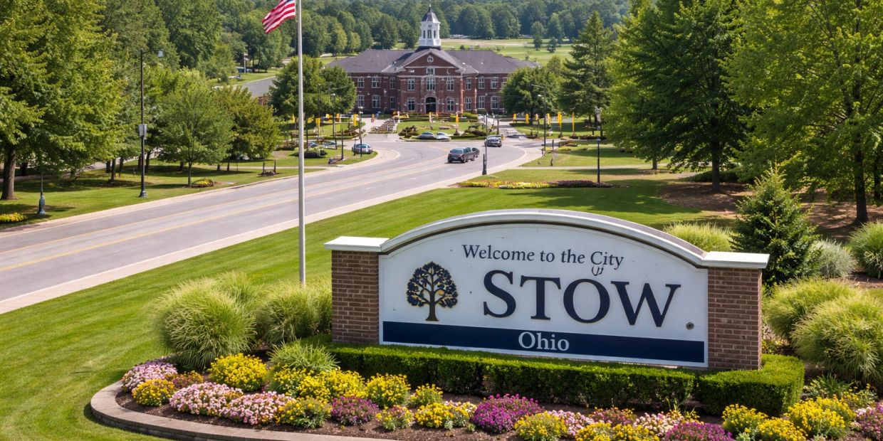 Welcome sign for the city of Stow, Ohio, with a brick building and greenery in the background.