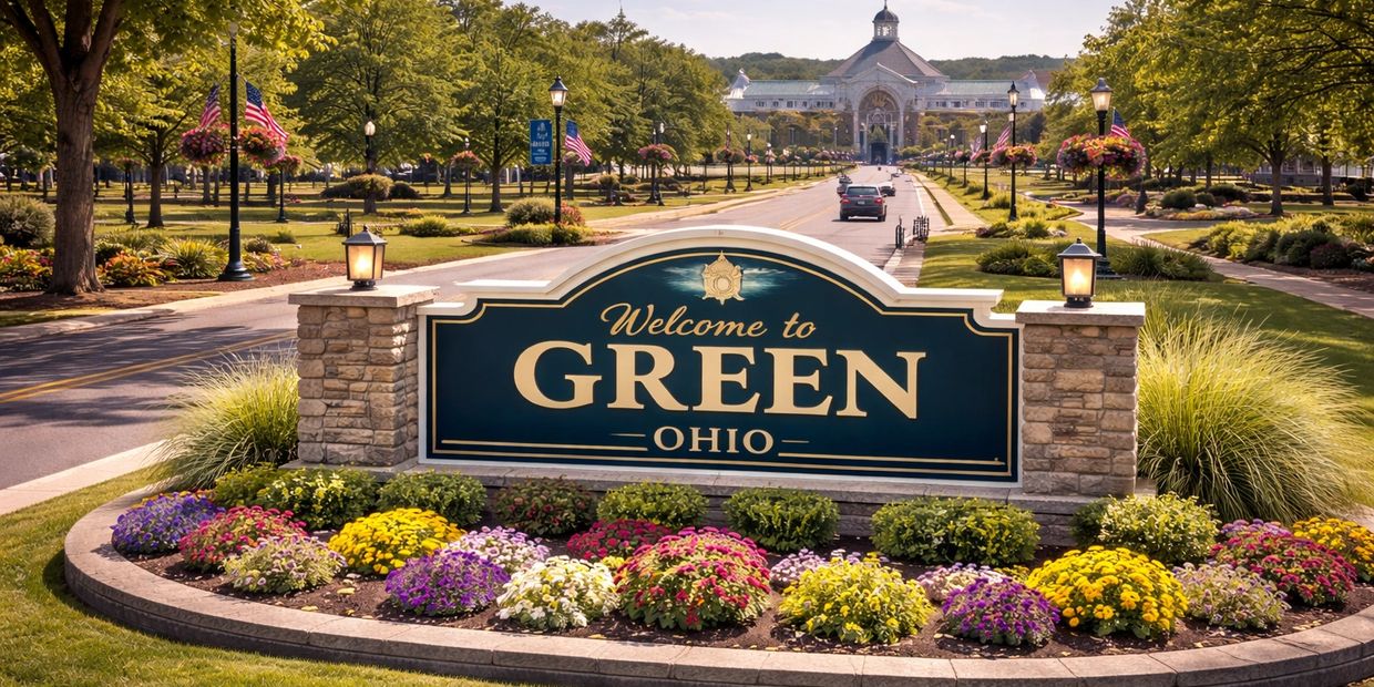 WELCOME TO GREEN OHIO SIGN welcoming everyone to the city