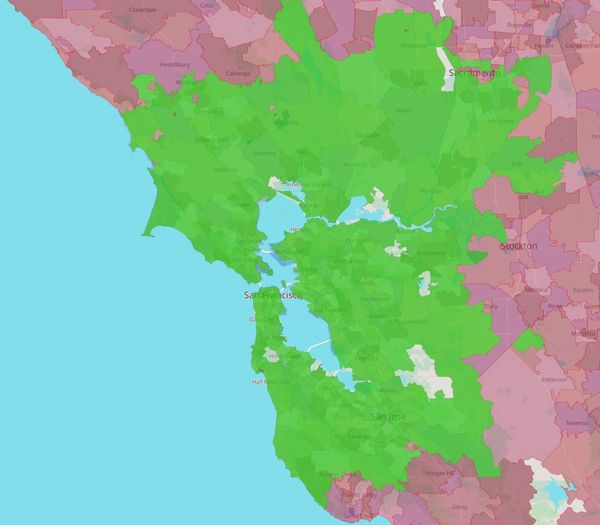 Map showing green and red zones in the San Francisco Bay Area.