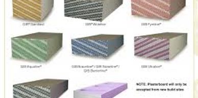Various colored plasterboard types with labels and textures.