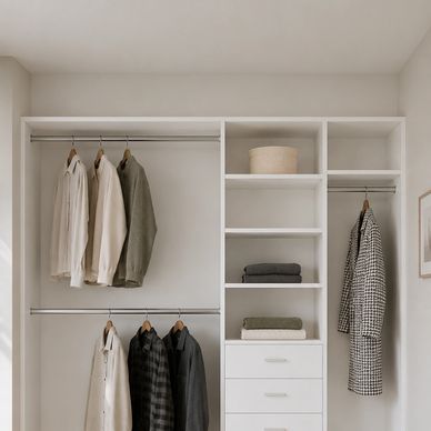 Organized white wardrobe with hanging clothes and shelves.