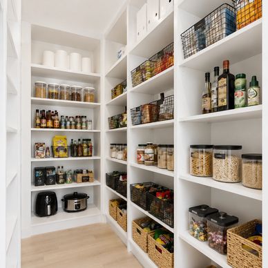 Organized kitchen pantry with shelves and storage baskets.