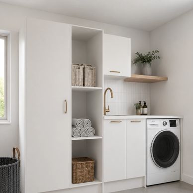 Modern white laundry room with washer, storage, and sink.