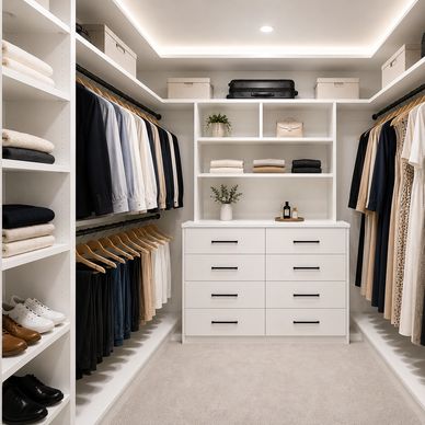 Neatly organized walk-in closet with modern design.
