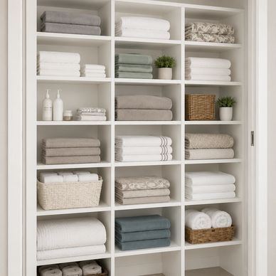 Organized shelves with towels and toiletries.