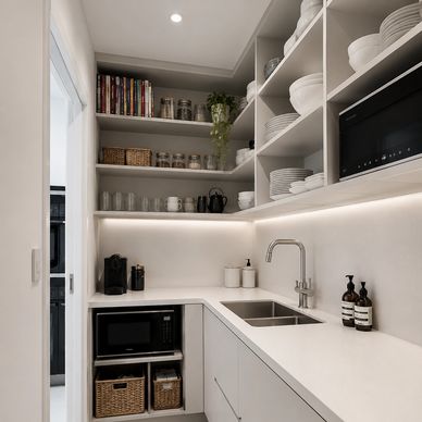 Modern kitchen corner with organized shelves and appliances.