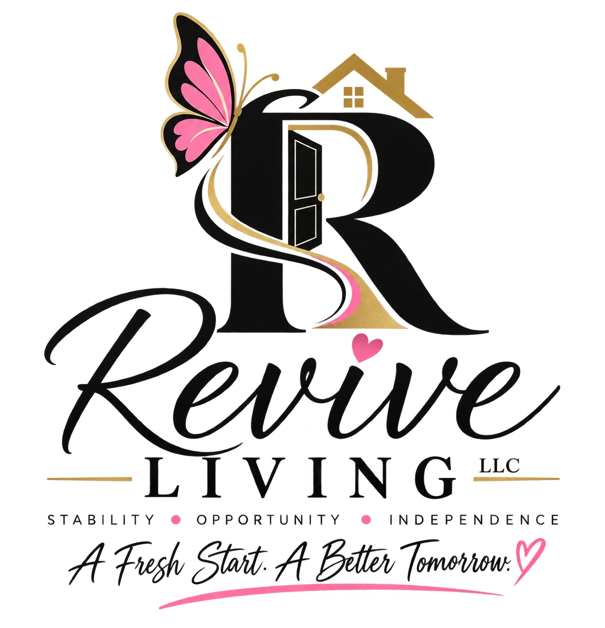 Revive-Living, LLC logo with an open door and butterfly.