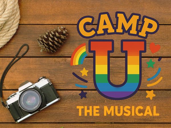 Camp U The Musical logo with rainbow design on wood background.