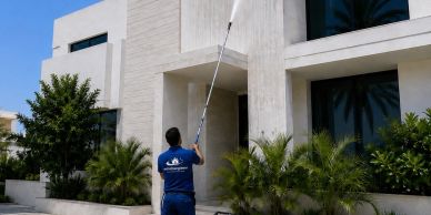 A person pressure washing a building exterior.