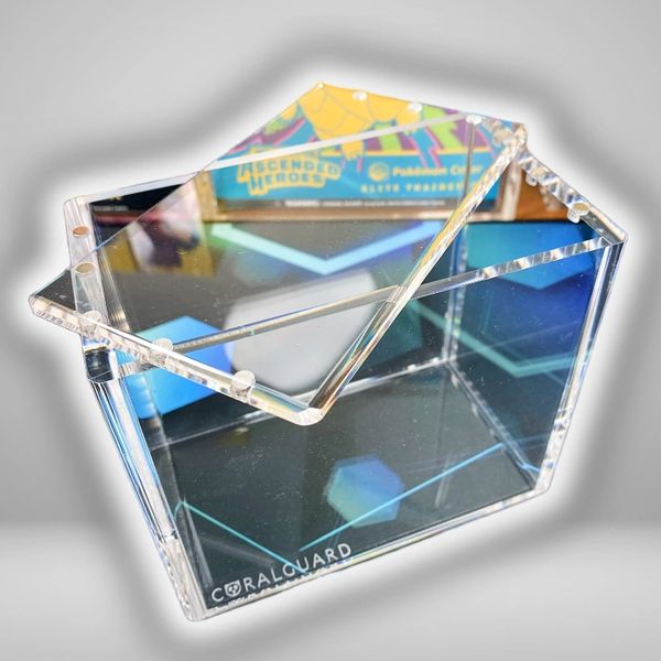 Transparent acrylic box with a hinged lid, branded Coral Guard.