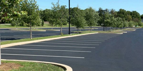Freshly sealed asphalt parking lot with clear lines and surrounding greenery