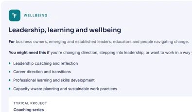 Overview of leadership, learning, and wellbeing coaching services.