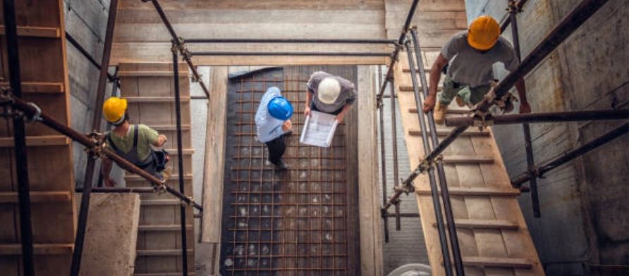 Trabajadores en obra con cascos de seguridad revisando planos.