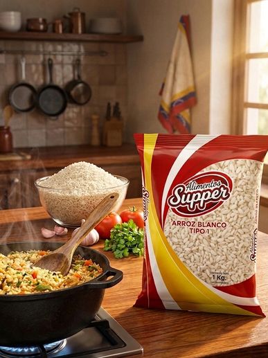 Cooking rice with Alimentos Supper white rice in a cozy kitchen.