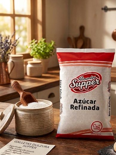 Bag of refined sugar on a kitchen table with rustic decor.