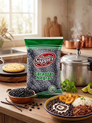 Pack of black beans with a traditional meal and cooking pot in a cozy kitchen.