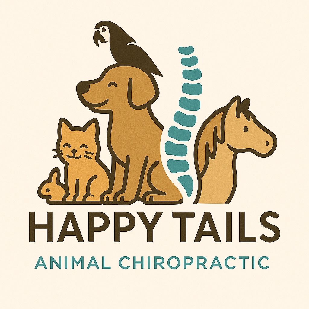 Logo for Happy Tails Animal Chiropractic with various animals and a spine graphic.