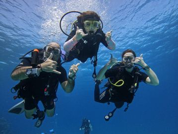 Three scuba divers underwater showing the shaka hand sign.